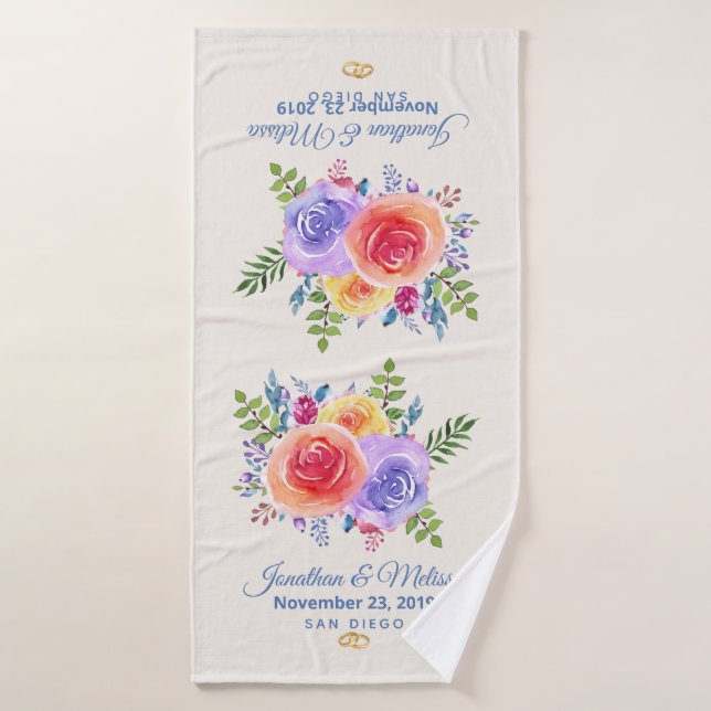 Colourful Roses Watercolor Floral Wedding Bath Towel Set (Bath Towel)