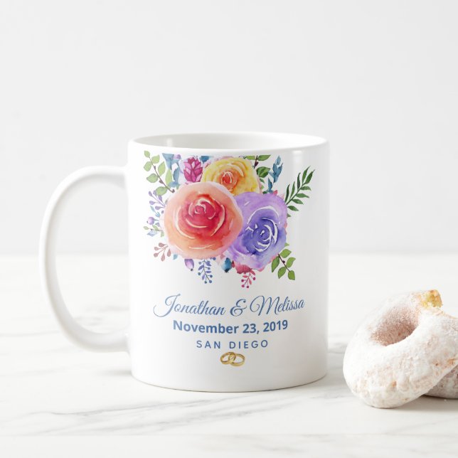 Colourful Roses Watercolor Floral Wedding Coffee Mug (With Donut)