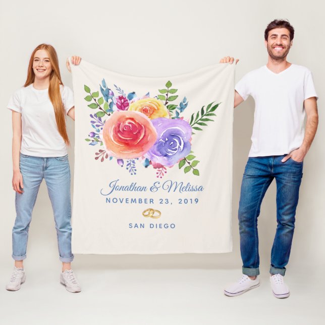 Colourful Roses Watercolor Floral Wedding Fleece Blanket (In Situ)