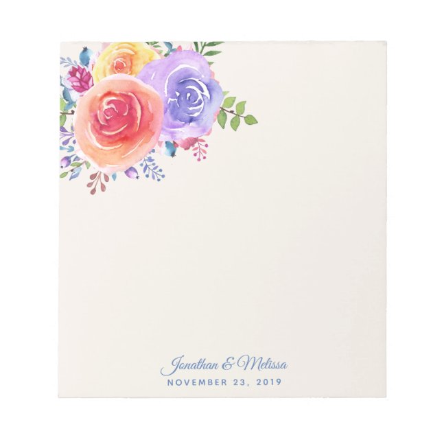 Colourful Roses Watercolor Floral Wedding Notepad (Front)