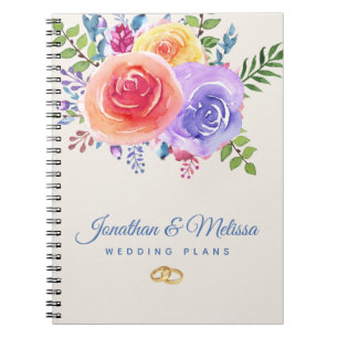 Colourful Roses Watercolor Floral Wedding Plans Notebook