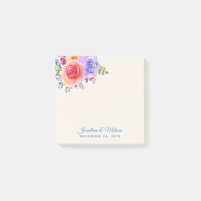 Colourful Roses Watercolor Floral Wedding Post-it Notes (Front)