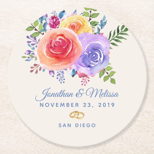 Colourful Roses Watercolor Floral Wedding Round Paper Coaster (Front)