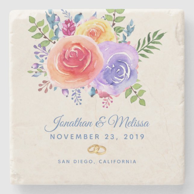 Colourful Roses Watercolor Floral Wedding Stone Coaster (Front)