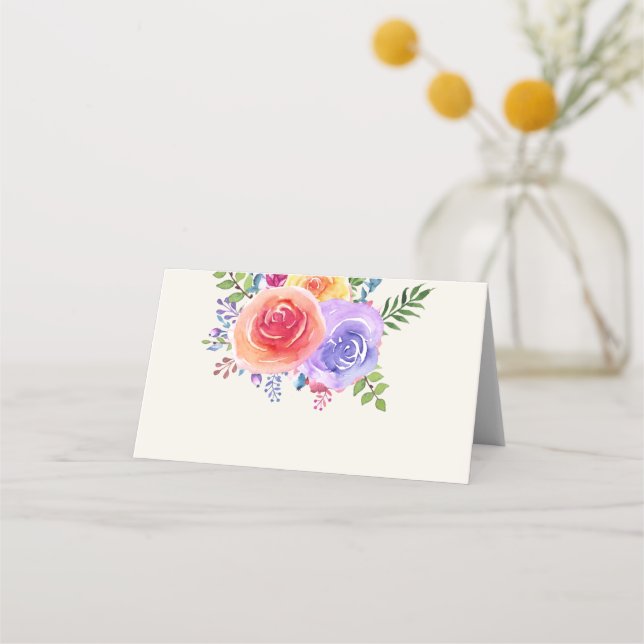 Colourful Roses Watercolor Floral Wedding Table Place Card (Front)