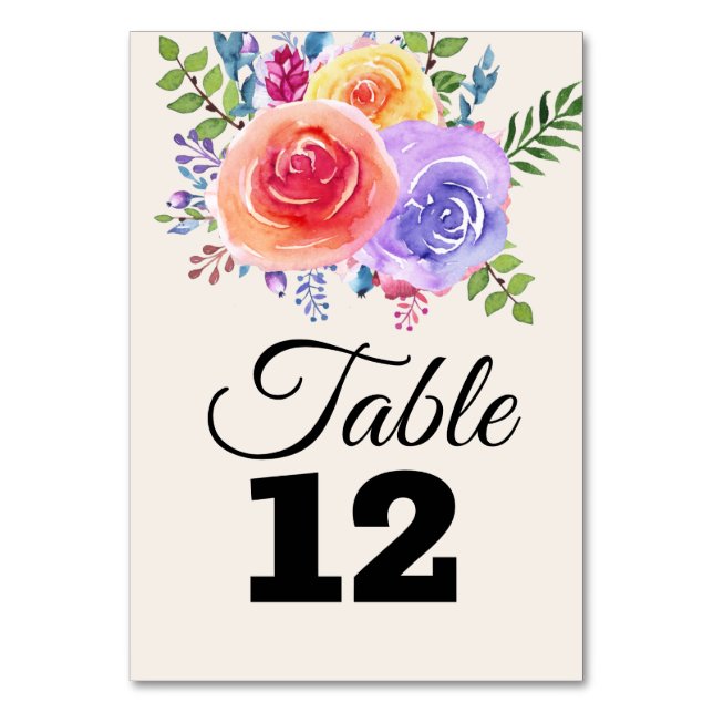 Colourful Roses Watercolor Floral Wedding Table Table Number (Front)