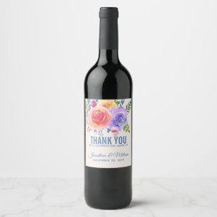 Colourful Roses Watercolor Floral Wedding Thank Yo Wine Label