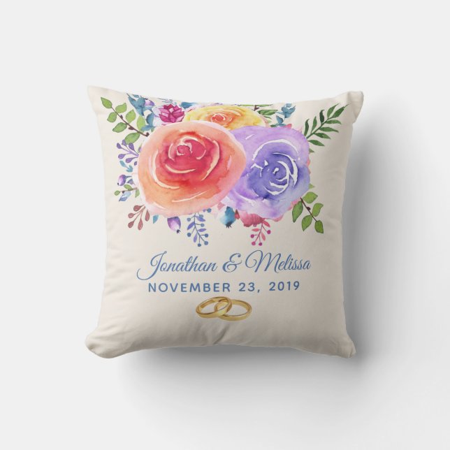 Colourful Roses Watercolor Floral Wedding Throw Pillow (Front)