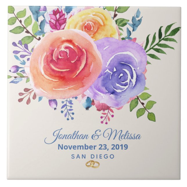 Colourful Roses Watercolor Floral Wedding Tile (Front)