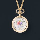 Colourful Roses Watercolor Floral Wedding Watch<br><div class="desc">Personalized wedding watch with a fanciful floral bouquet with watercolor roses. Stylish,  whimsical and creative. A bundle of roses in pink,  purple and yellow. With lots of sprigs and leaves in green,  pink,  purple and blue. Background is an off-white champagne colour. 2 golden wedding rings placed below the text.</div>