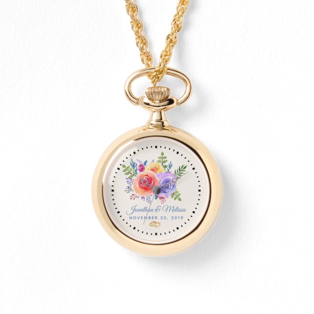 Colourful Roses Watercolor Floral Wedding Watch (Front)
