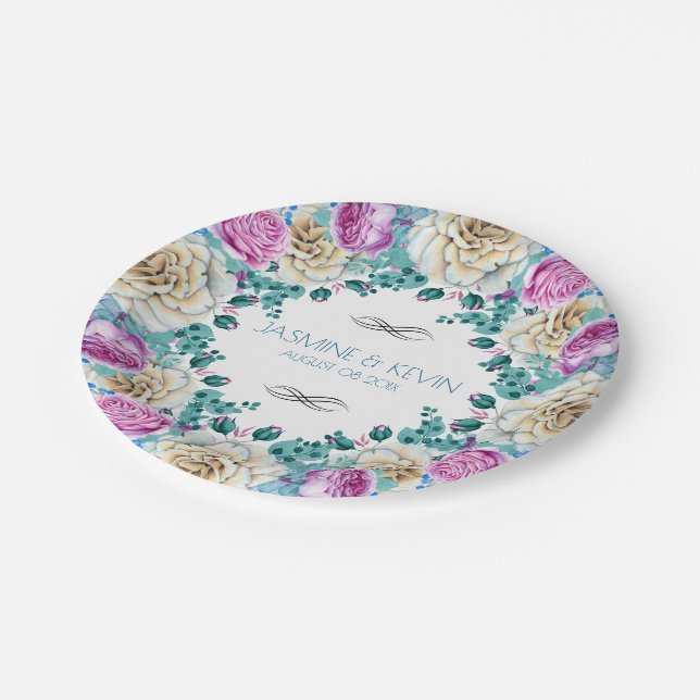Colourful Roses Wedding Wreath Paper Plate (Angled)