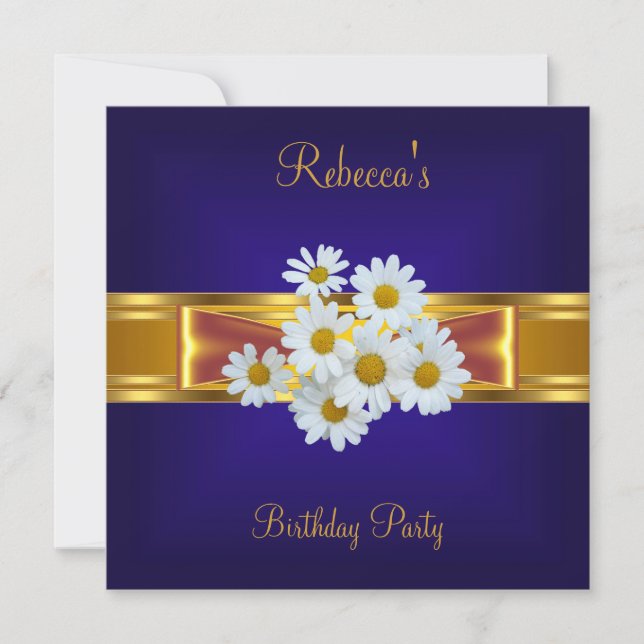 Colourful Royal Blue White Flower Yellow Gold Bow Invitation (Front)