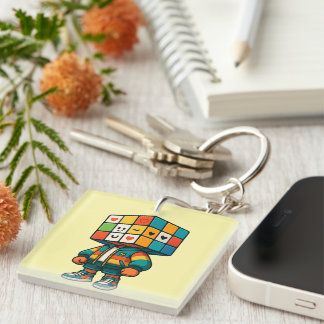 Colourful Rubik Cube Head Character Sticker Keychain