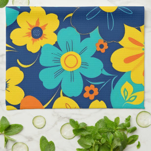 Colourful Rush Blooms-Dopamine Style-Retro Flowers Kitchen Towel
