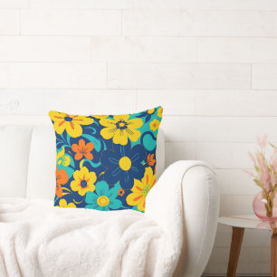 Colourful Rush Blooms-Dopamine Style-Retro Flowers Throw Pillow