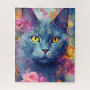 Colourful Russian Blue cat Jigsaw Puzzle