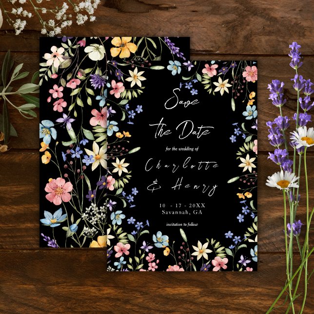 Colourful Rustic Botanical  Wildflowers Black Save The Date (Creator Uploaded)
