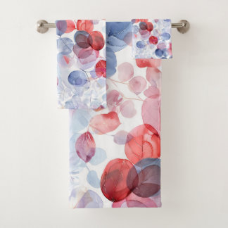 Colourful Rustic Eucalyptus Watercolor Leaves Bath Towel Set