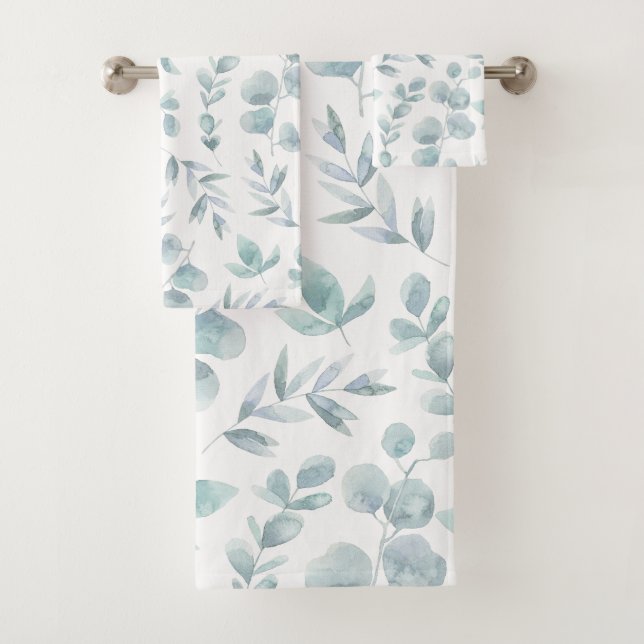 Colourful Rustic Eucalyptus Watercolor Leaves Bath Towel Set (Insitu)