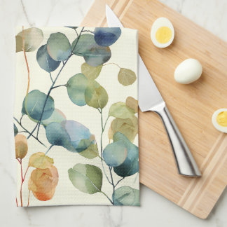 Colourful Rustic Eucalyptus Watercolor Leaves Kitchen Towel