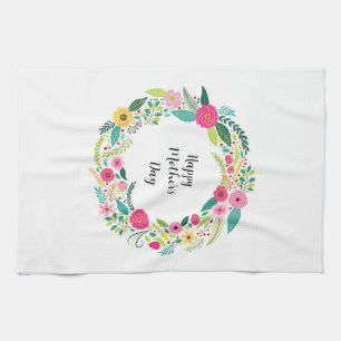 Colourful Rustic Floral Wreath Kitchen Towel