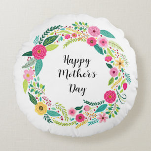 Colourful Rustic Floral Wreath Round Pillow