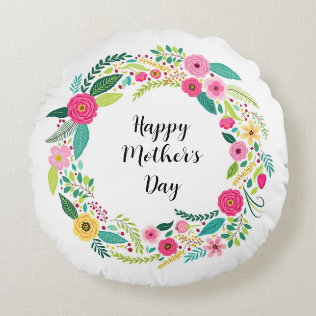 Colourful Rustic Floral Wreath Round Pillow (Front)