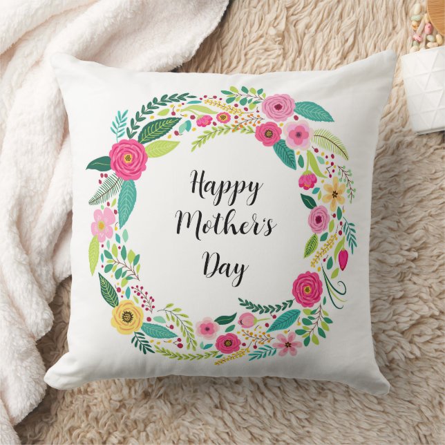 Colourful Rustic Floral Wreath Throw Pillow (Blanket)