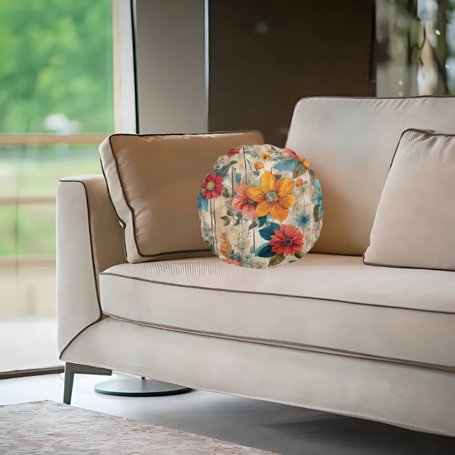 Colourful Rustic Flower  Round Pillow (Creator Uploaded)