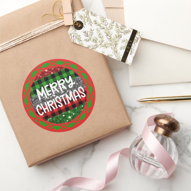 Colourful Rustic Retro Christmas Plaid & Glitter  Classic Round Sticker (Gifting)