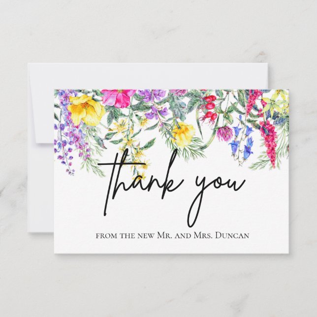 Colourful Rustic Wildflowers Script Thank You Card (Front)