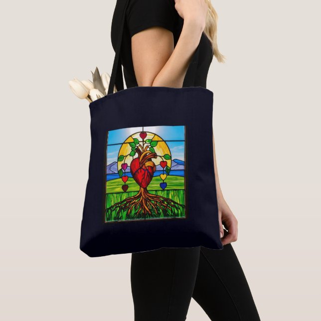 Colourful Sacred Heart Tree of Life Tote Bag (Close Up)