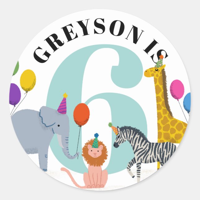 Colourful Safari Animals Birthday Name and Age Classic Round Sticker (Front)