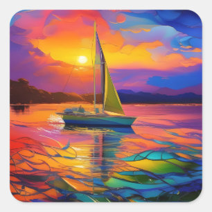 Colourful Sailboat AI ART Square Sticker