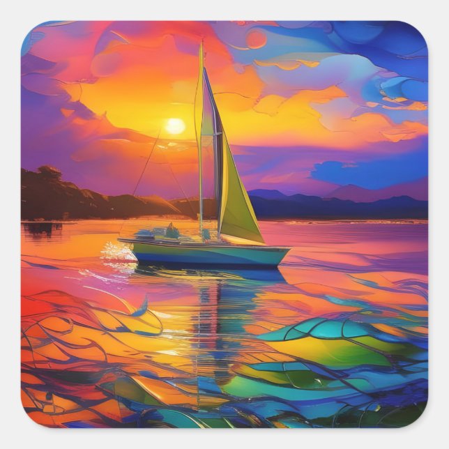 Colourful Sailboat AI ART Square Sticker (Front)