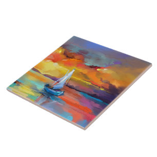 Colourful Sailboat Sunset Abstract Art Tile