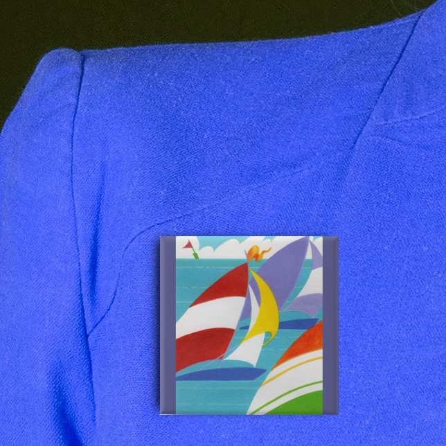 Colourful Sailboats 2 Inch Square Button (Abstract sailboats bright colours blue lake clouds on square pin back button.)