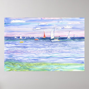 Colourful Sailboats on Blue Sea Watercolor Poster