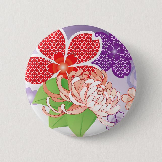 Colourful Sakura and Dahlia Kimono :: 2 Inch Round Button (Front)
