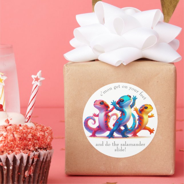 Colourful Salamanders do the Salamander Slide Classic Round Sticker (Party)