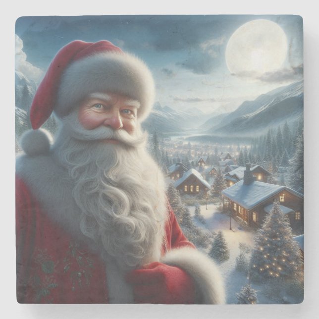 Colourful Santa Claus Resting Before Continuing on Stone Coaster (Front)