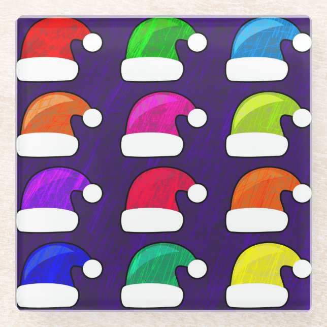 Colourful Santa Hats Glass Coaster (Front)