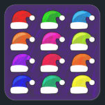 Colourful Santa Hats Square Sticker<br><div class="desc">Colourful Santa Hats in blue,  green,  yellow,  orange,  purple,  and red on a purple background.</div>