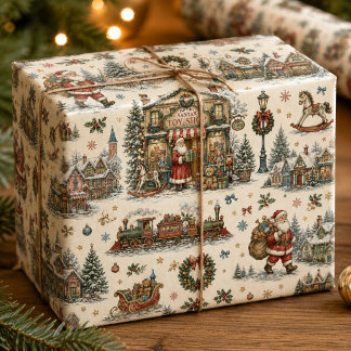 Colourful Santa Toy Shop Village Christmas Toile Wrapping Paper