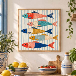 Colourful Sardine Fish Art Coastal Kitchen Decor