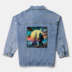 Colourful Sasquatch Full Moon Pine tree Denim Jacket