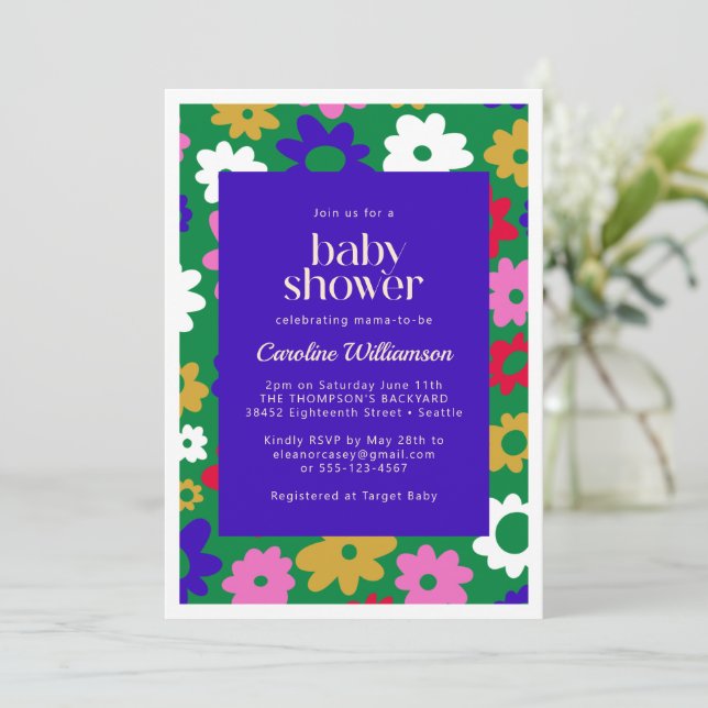 Colourful Scandinavian Flower Green Baby Shower Invitation (Standing Front)