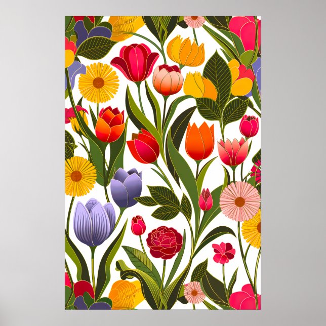 Colourful Scandinavian Flowers Leaves Floral Art Poster (Front)