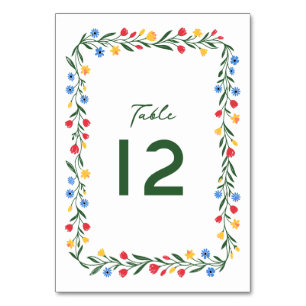 Colourful Scandinavian Wildflower Folk Art Wedding Table Number